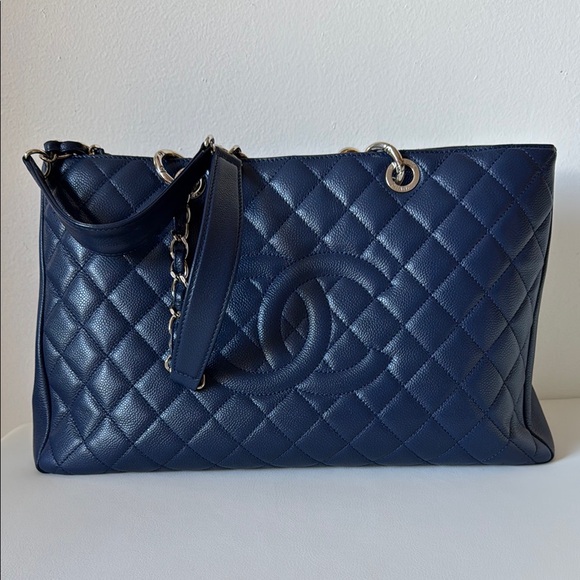 Chanel Caviar Leather Large Navy Blue Quilted GST Tote Bag with Dust Cover - Picture 1 of 17
